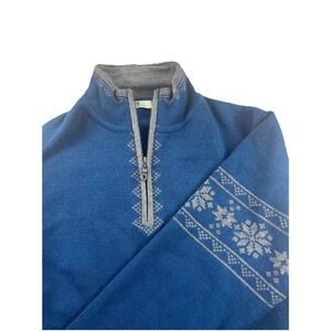 Neve Sweater Mens Medium Quarter Zip Merino Wool Nordic Fair Isle Blue Snowflake